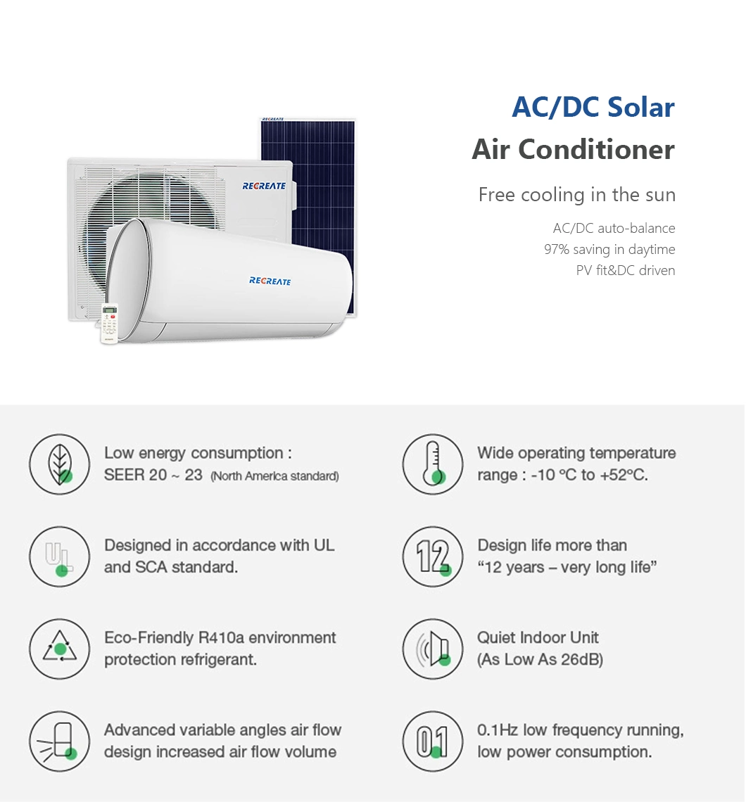 Saving Power 90% Acdc on Grid Solar Air Conditioner 18000BTU