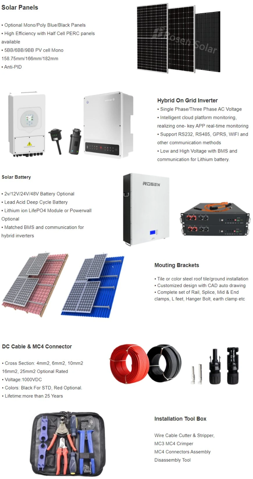 Rosen 5kw 10kwh Hybrid Solar Battery Power System on Grid off Grid Price