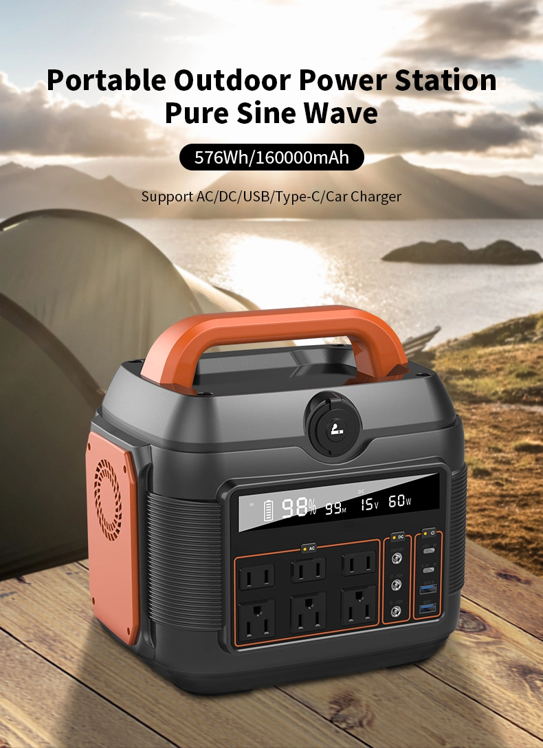 Portable Power Station 576wh/600W 1000W Backup Lithium Battery Pure Sine Wave AC Outlet